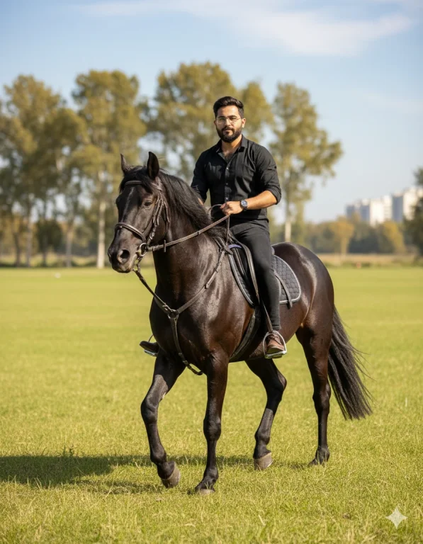 A Realistic Outdoor Portrait Of A Man Confidently Riding A Majest