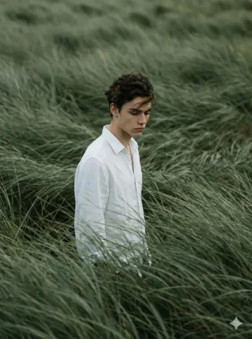 Solitude in Sage: Cinematic Portrait Amidst Flowing Grass — Nano Banana 2 AI Prompt: Create a 3:4 cinematic, atmospheric editorial portrait using the attached photo...