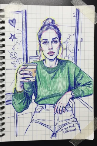 Create A Portrait That Looks Like A Doodle In A Teenager’s Scho — Nano Banana Pro AI Prompt: Create a portrait that looks like a doodle in a teenager’s school journal, drawn...