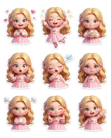 Charming Pixar-Style Chibi Doll Stickers in Pastel Outfits — Nano Banana 2 AI Prompt: { "layout": "4:5", "grid": { "rows": 3, "columns": 3,...