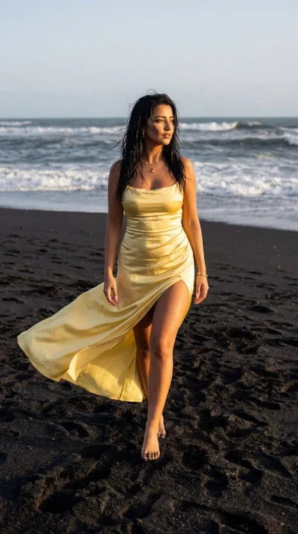 Golden Satin Elegance on a Volcanic Black Sand Beach