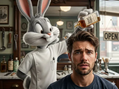 Hyper-Realistic Bugs Bunny Barber in Vintage Shop — Nano Banana 2 AI Prompt: Cinematic 8k hyper-realistic close-up shot. A 3D realistic Bugs Bunny, faithful...