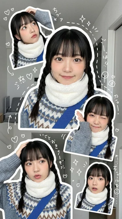 Delicate Expressions: A Vertical Collage of a Young Woman's Five Micro-Poses