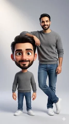 Dual Realities: Hyper-Realistic Portrait Meets Playful 3D Caricature — Nano Banana 2 AI Prompt: Proportions, skin tone, hairstyle, and all recognizable features. Do not alter o...
