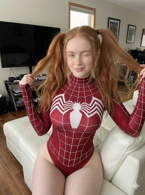 Playful Redhead in Spider-Themed Superhero Bodysuit