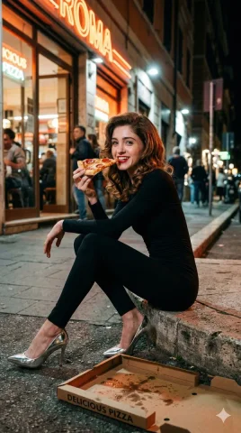 Neon Glow and Pepperoni Joy: Vintage Night at Retro Italia — Nano Banana 2 AI Prompt: A striking cinematic editorial photograph, captured with a vintage 70mm film aes...