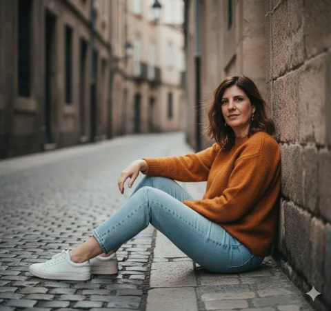 “Look Urbano Casual Sentado” Prompt Principal (Positivos): Mu — Nano Banana Pro AI Prompt: “Look Urbano Casual Sentado” Prompt principal (positivos): Mulher com o me...