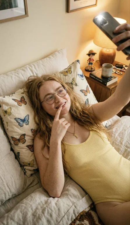 Intimate Selfie: Strawberry-Blonde Charm in Warm Bedroom Glow