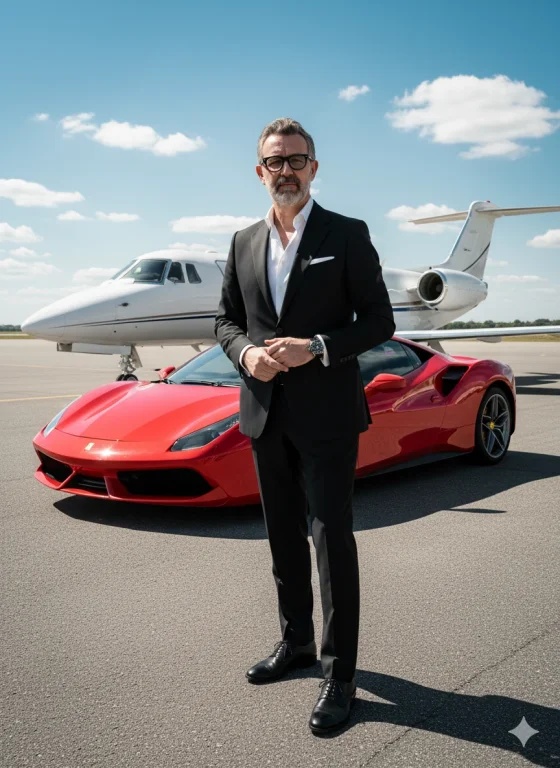 “Retrato Masculino Luxuoso Com Carro Esportivo E Jato Particula