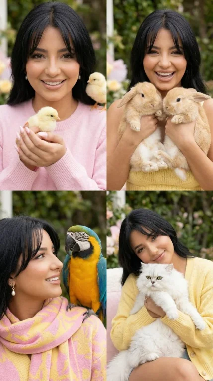 Pastel Spring Joy: Young Woman with Adorable Animals in 2x2 Grid