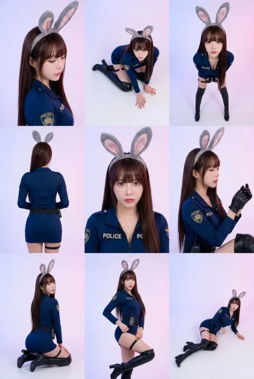 Korean Influencer in Police-Inspired Uniform with Bunny Ears