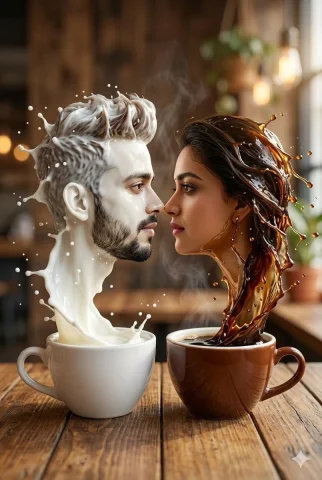 Liquid Portraits: Precision Faces in Coffee and Milk Splashes — Nano Banana 2 AI Prompt: Ultra-realistic surreal photo of two coffee cups on a warm wooden café table: on...