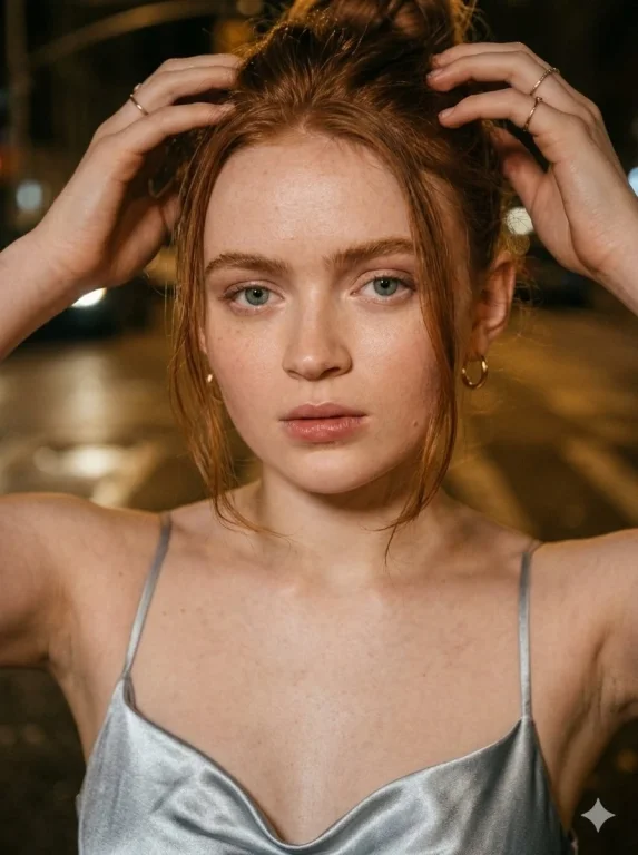 Nighttime Elegance: Red-Haired Muse in Urban Glow