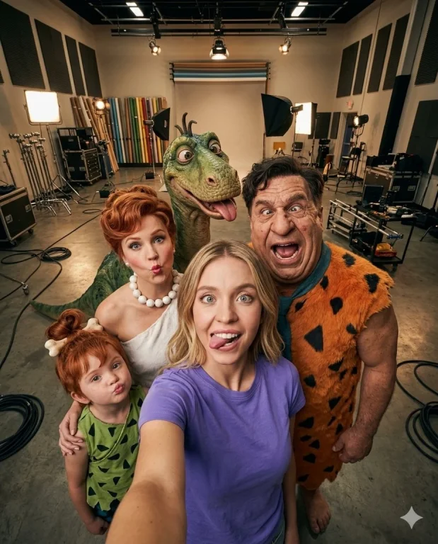 Ultra-Realistic Group Selfie with Lifelike Flintstones in Modern Studio