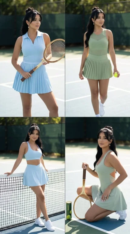Luxury Tennis Editorial: Elegant Woman in Blue and Green Fashion Grid
