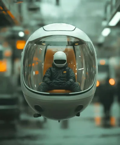 Surreal Capsule Over Cyberpunk Traffic — Midjourney v6 AI Prompt: Minimalist surrealism, a compact capsule flying above futuristic cyberpunk traff...