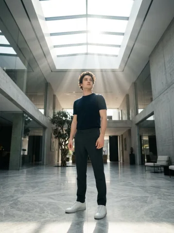 Sunlit Confidence Beneath a Modern Skylight — Nano Banana 2 AI Prompt: Create a realistic cinematic photo of a person using the face from the uploaded...