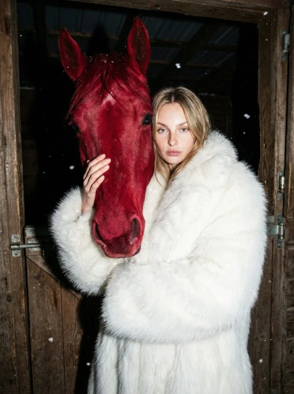 Frozen Night Contrast: Woman and Crimson Horse in Harsh Flash