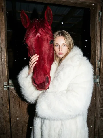 Frozen Night Contrast: Woman and Crimson Horse in Harsh Flash — Nano Banana 2 AI Prompt: keep the real face preserve exact facial features and identity, no beautificatio...