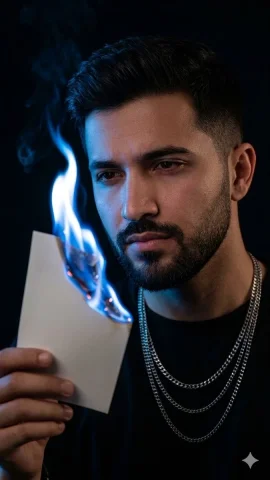 Blue Flames Ignite Emotion in a Photorealistic Portrait — Nano Banana 2 AI Prompt: The person standing against a black background holding a photograph that is burn...