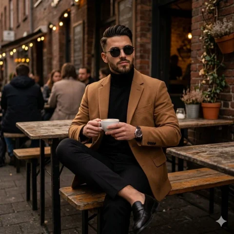 Confident Young Man at Urban Café in Stylish Camel Blazer — Nano Banana 2 AI Prompt: { "use_uploaded_image": true, "scene": { "setting": "urban outdo...