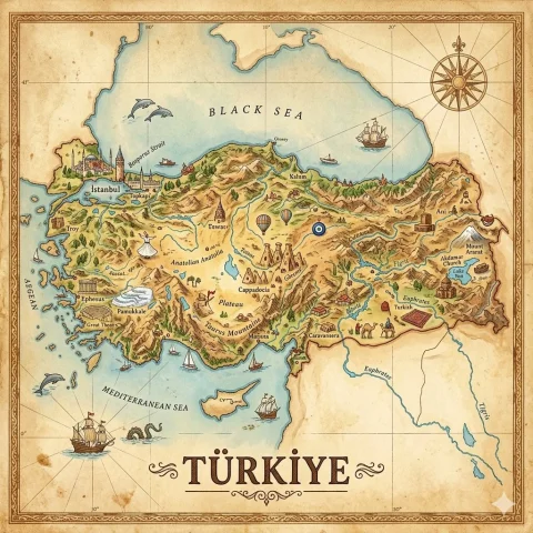 Türkiye in Vintage Map Style with Iconic Landmarks — Nano Banana 2 AI Prompt: A hand-painted isometric bird’s-eye view illustration of Türkiye in a vintage ma...