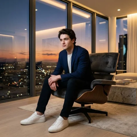 Confident Elegance in a Luxury Penthouse at Dusk — Nano Banana 2 AI Prompt: Create a realistic cinematic photo of a person using the face from the uploaded...