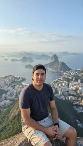 Ultra-Realistic Photo Of A Man Sitting On The Edge Of A High Moun — Nano Banana Pro AI Prompt: Ultra-realistic photo of a man sitting on the edge of a high mountain peak overl...