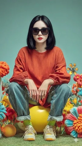 Bold Oversized Fashion Meets Vibrant Plush Florals in Surreal Studio — Nano Banana 2 AI Prompt: { "prompt": "A young, attractive, fair-skinned woman with a sleek black bob...
