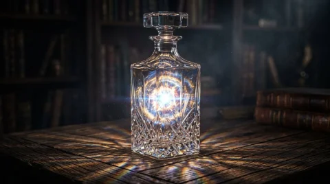 Miniature Cosmic Storm Encased in Glass with Ethereal Blue Glow — Nano Banana 2 AI Prompt: A [TRANSPARENT CONTAINER] sitting on a dark wooden table, inside the [CONTAINER]...