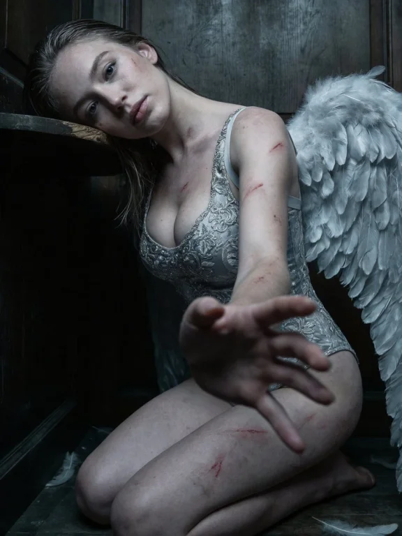 Fallen Angel in Dim Light: A Haunting Portrait of Fragility