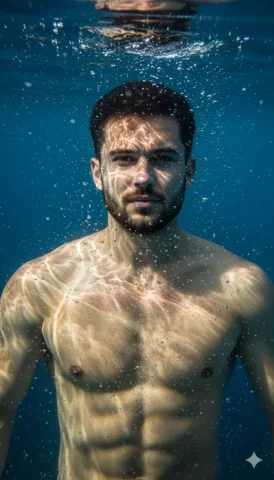 Edit This Close-Up Photograph Of A Man Submerged Underwater, Half — Nano Banana Pro AI Prompt: Edit This close-up photograph of a man submerged underwater, half of his body ex...