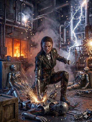 Fierce Cyborg Dominates Industrial Wasteland in Fiery Showdown — Nano Banana 2 AI Prompt: { "scene": { "environment": "industrial factory", "details":...