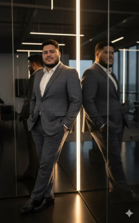 Stylized Studio Portrait Of Me Leaning Slightly On A Large Reflec