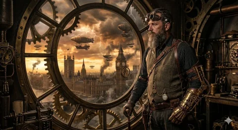 Steampunk Sentinel Overlooking a Stormy London Skyline — Nano Banana 2 AI Prompt: A realistic, high-detail photograph of a serious-looking, bearded man in intrica...