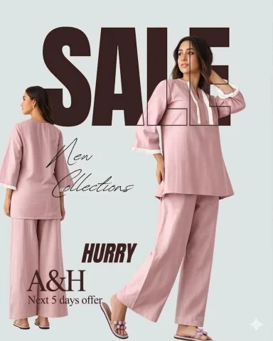 Modern Fashion Sale with Elegant Dusty Rose Coordinates — Nano Banana 2 AI Prompt: A promotional fashion graphic featuring a female model in two poses on a light g...