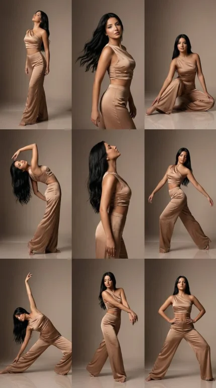 Sculptural Elegance: Nine-Panel Editorial Dance Fashion Grid