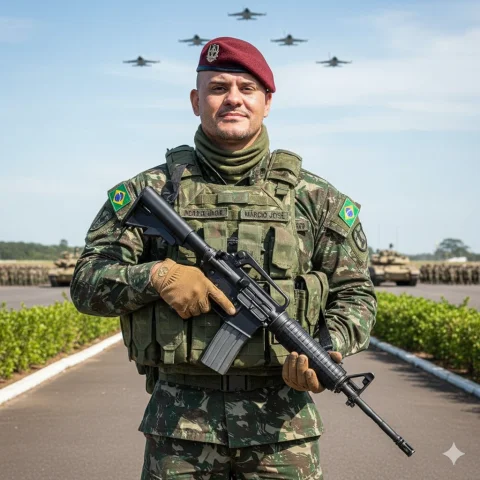 Crie Uma Fotografia Realista De Um Soldado Em Posição De Pronti — Nano Banana Pro AI Prompt: Crie uma fotografia realista de um soldado em posição de prontidão, com leve sor...