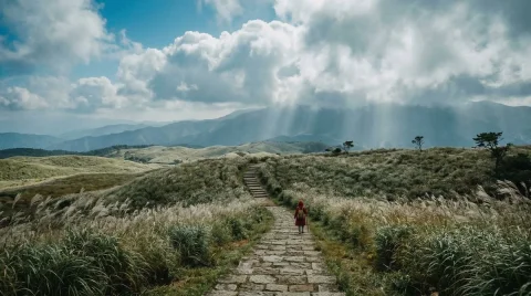 Endless Stone Staircase Through Infinite Pampas Under Vast Sky — Nano Banana 2 AI Prompt: An ancient stone staircase ascending endlessly into clouds cutting through vast...