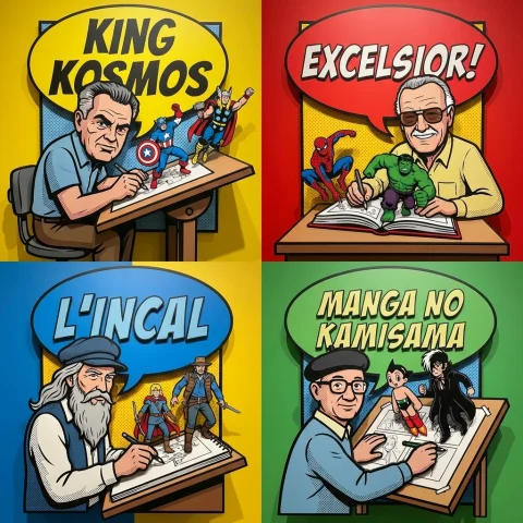 Legendary Comic Artists in Vibrant 3D Dioramas — Nano Banana 2 AI Prompt: `2x2 grid, do this for 4 Legendary Comic Artists (e.g. Jack Kirby, Stan Lee, Moe...