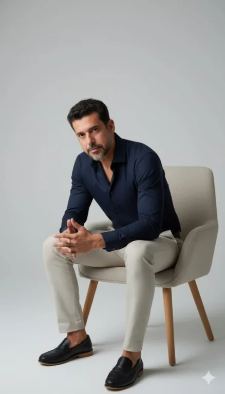 Studio Portrait Of A Confident Man Sitting On A Modern Beige Armc