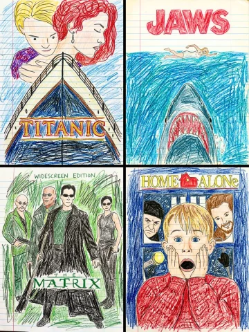 Whimsical Kid-Drawn Movie Posters by Nano Banana — Nano Banana 2 AI Prompt: Transform this movie poster into a child’s crayon drawing on lined notebook pape...