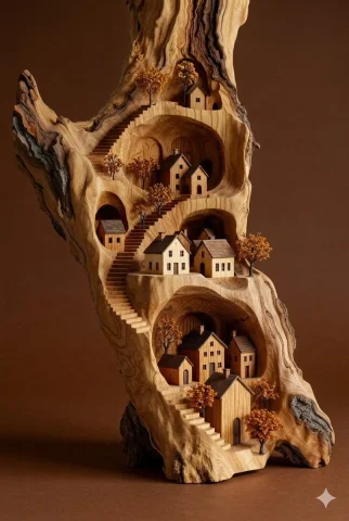 Intricate Miniature Worlds: Wooden Treehouses and Mossy Villages — Nano Banana 2 AI Prompt: A hyper-realistic macro photograph of a bustling miniature civilization inside a...