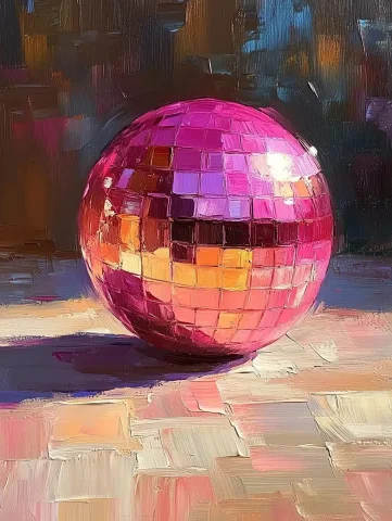 Whimsical Disco Ball Painting — Midjourney v6 AI Prompt: A simple, hand-drawn oil painting in the style of monet of a disco ball with cle...