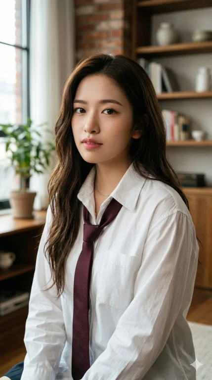 Elegance Taut: IVE Wonyoung in a Silky Blue Tie and White Shirt