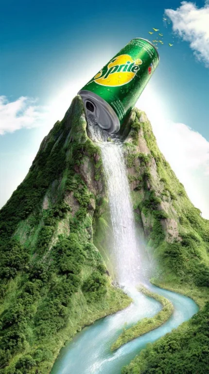 Giant Aluminum Can Summit with Luminous Waterfall Flowing into Valley River