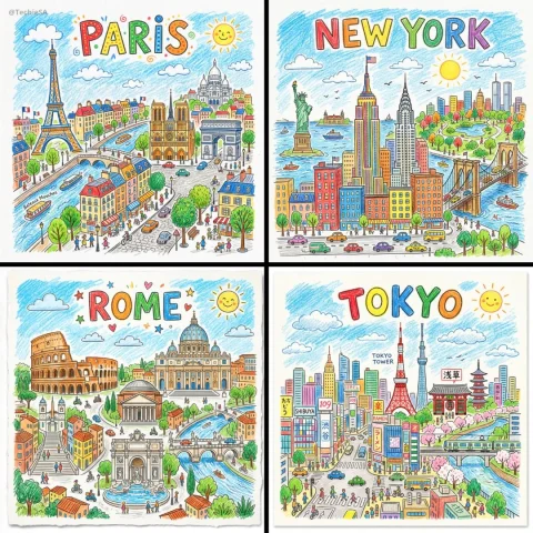 Childlike Urban Dreamscape in Crayon Vibrance — Nano Banana 2 AI Prompt: A neat, colorful crayon and colored-pencil drawing of [CITY], featuring iconic l...