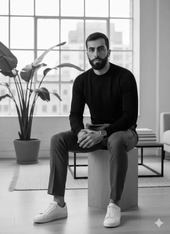 A Black-And-White Editorial Portrait Of A Stylish Man Sitting On