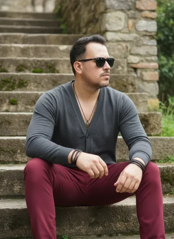 An Outdoor Lifestyle Photograph Featuring A Male Figure Seated On — Nano Banana Pro AI Prompt: An outdoor lifestyle photograph featuring a male figure seated on a rustic stone...