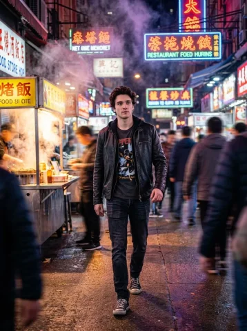 Neon Night Market: A Cinematic Walk Through Urban Energy — Nano Banana 2 AI Prompt: Create a highly cinematic, Hollywood-style photo of a person using the face from...